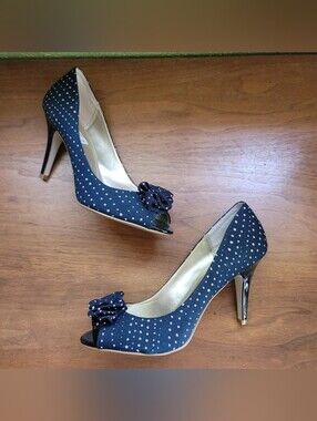 Navy Pink Polka Dot Peep-Toe Heels with Floral Accent Sz 9